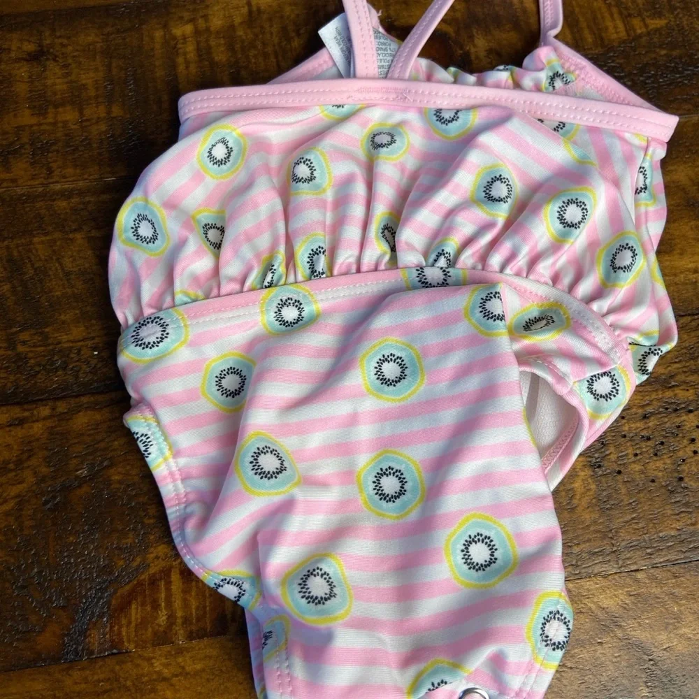 Cat & Jack Baby Girls‎ Swimsuit Size 3-6 M Pink Tutu Lined Striped w/ Kiwi Print